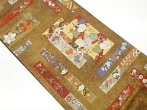 引箔短冊に蝶・花々模様織出し袋帯